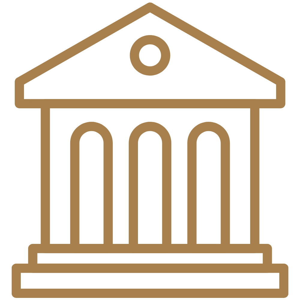 Outline icon of a traditional government building with columns and a triangular roof.