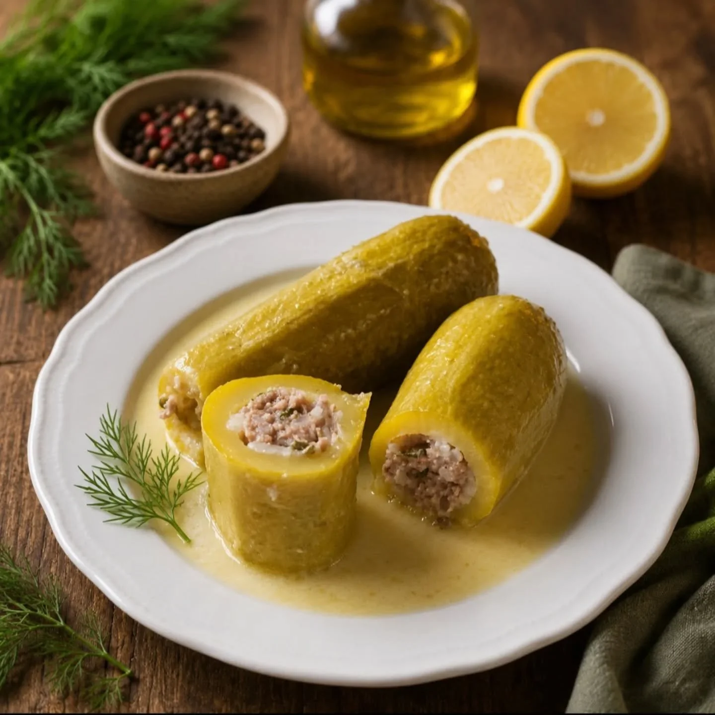 Stuffed zucchini in egg lemon sauce