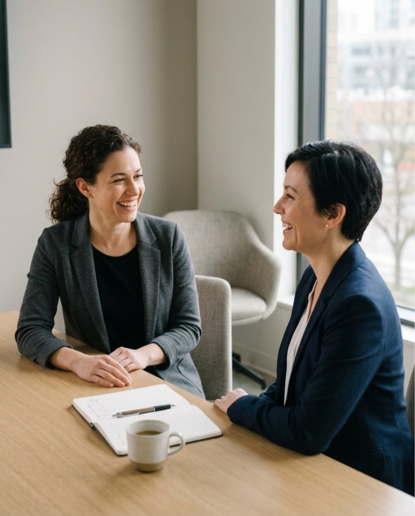 Two female professionals sitting at a conference table, smiling and talking during a business meeting.