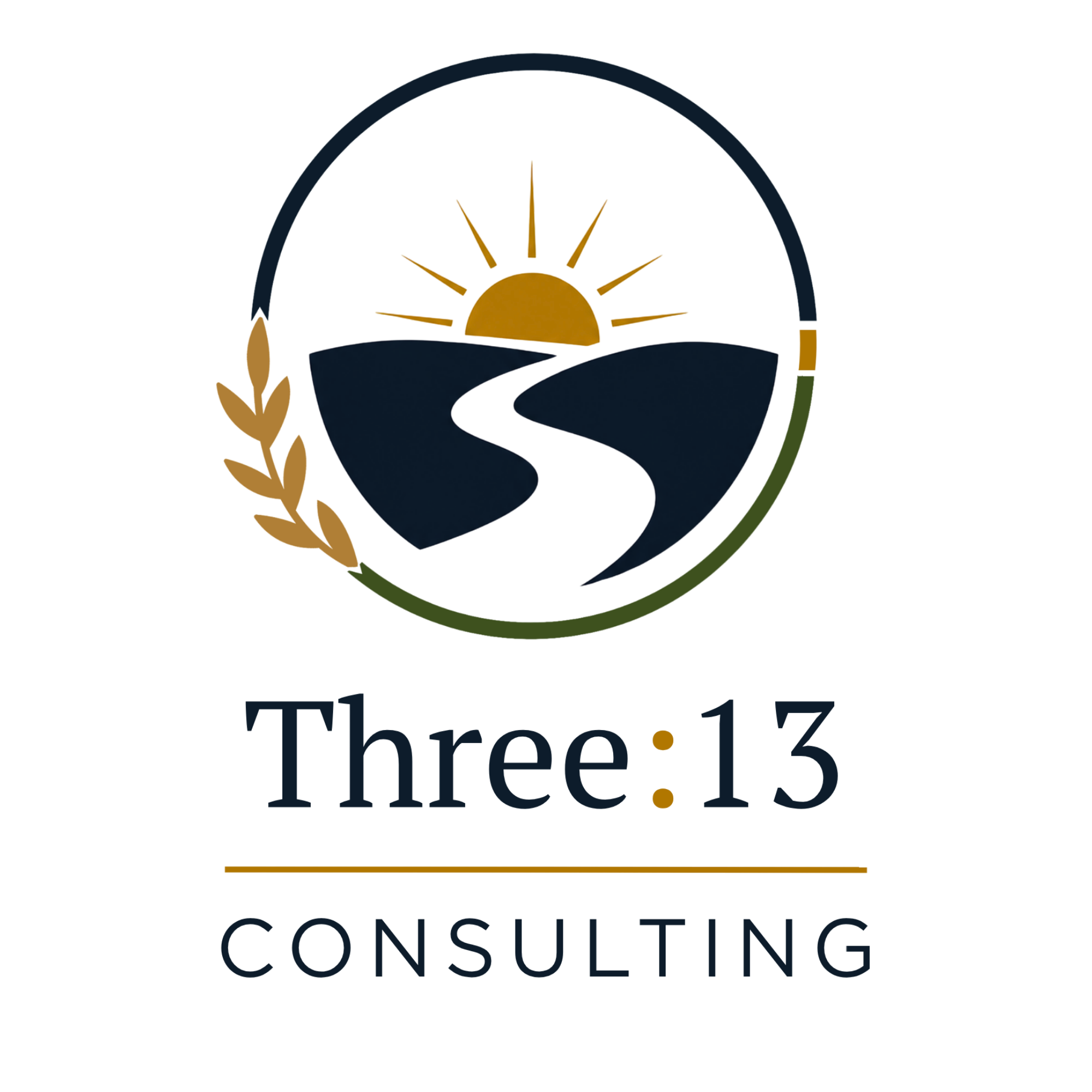 Three13 Consulting Logo of sunrise surrounded by circle with pathway