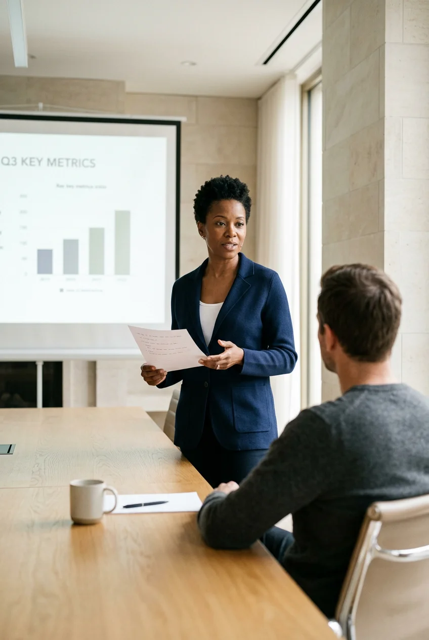 A female professional in a blue blazer presents data to a colleague in front of a projection screen displaying key metrics.