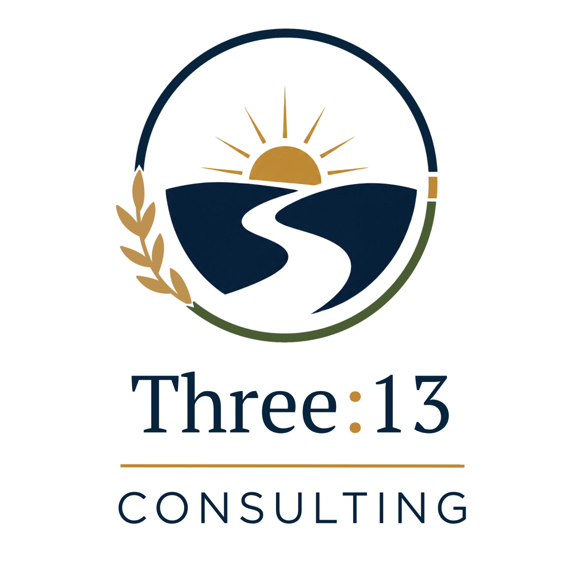 Three13 Consulting Logo of sunrise surrounded by circle with pathway