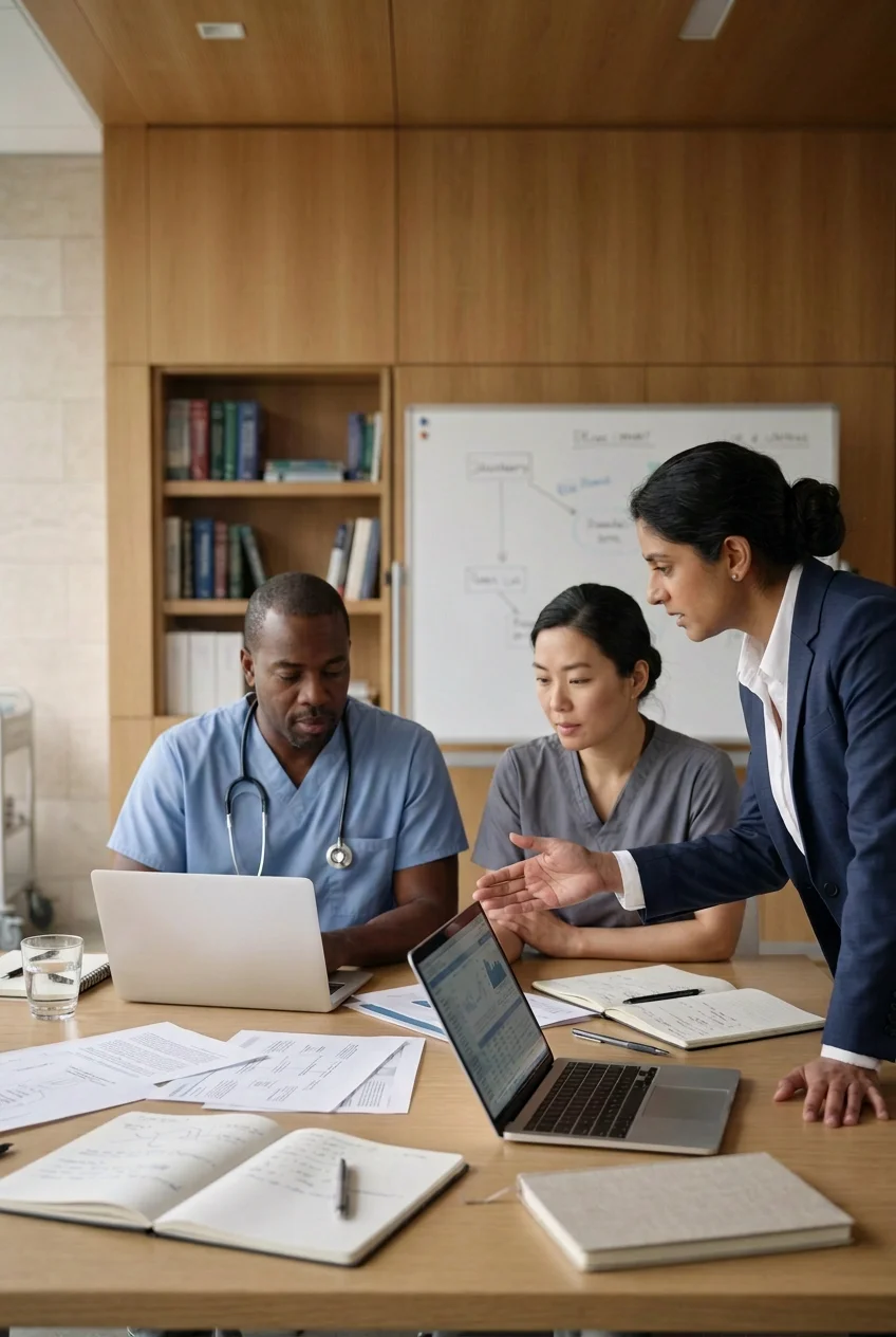 A female administrator in a suit points at a laptop screen while discussing data with a male and female healthcare worker in scrubs.