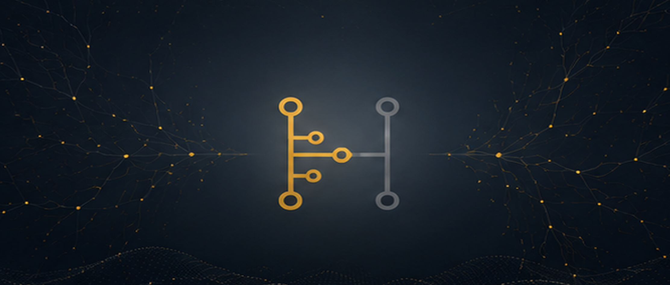 Digital graphic showing two line graphs, one in gold and one in gray, against a dark background with connected nodes and network pattern.