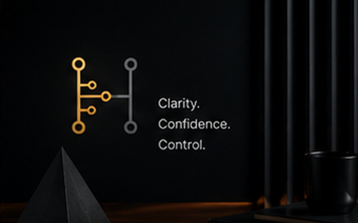 A dark setting with a digital screen displaying the words 'Clarity. Confidence. Control.' alongside a graphical icon resembling a flowchart or organizational diagram.
