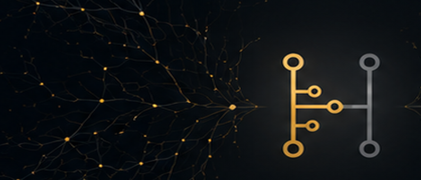 Digital graphic showing a network of interconnected lines and points transitioning from black to gold, with a gold and gray gear-like symbol in the center representing technology or data exchange.