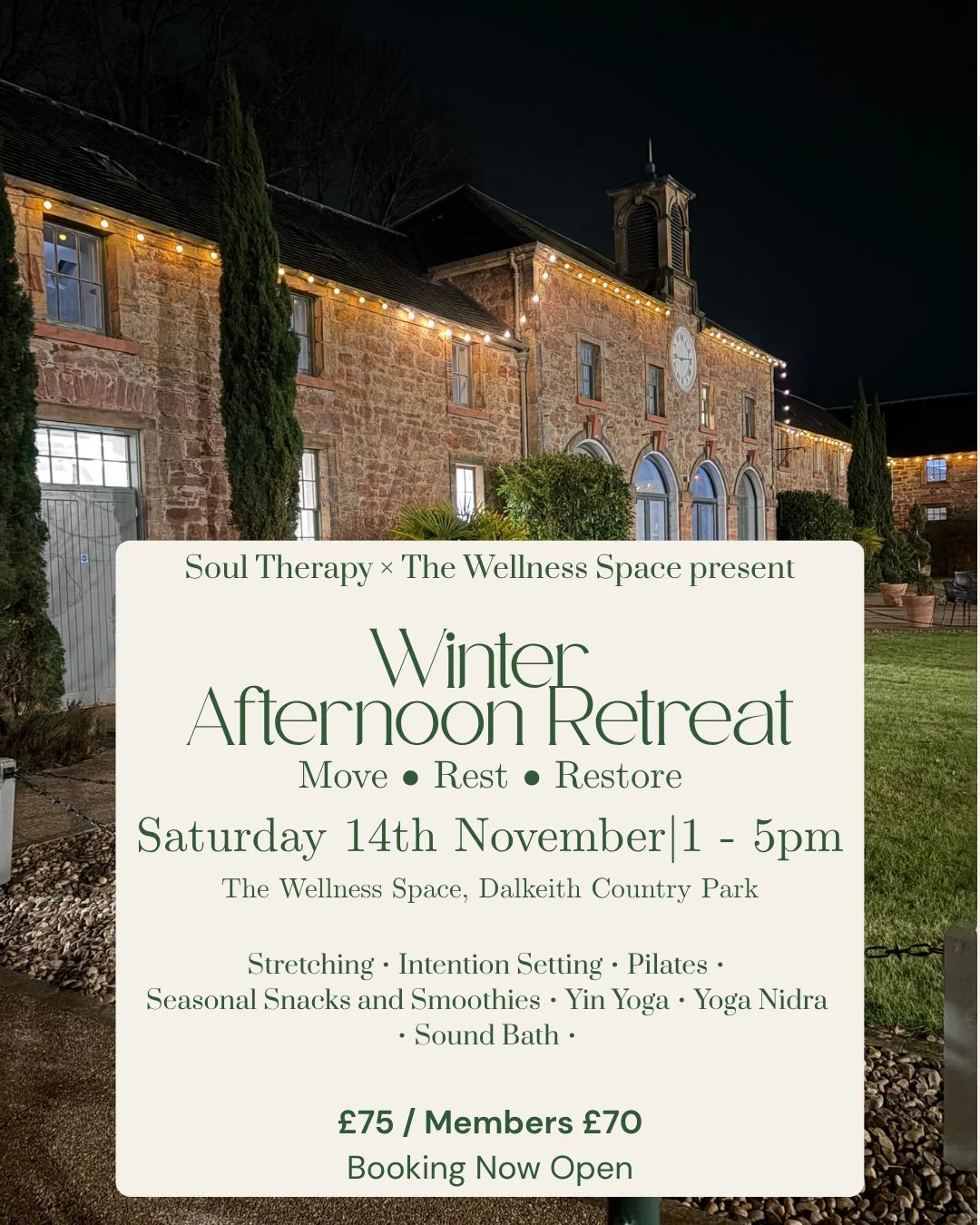 ❄️ Winter Retreat: Strength &amp; Softness ❄️

Following our beautiful autumn gathering, we&rsquo;re delighted to bring you another special collaboration between The Wellness Space &amp; Soul Therapy.

Join Lorraine, Nikki &amp; Sean for a peaceful a