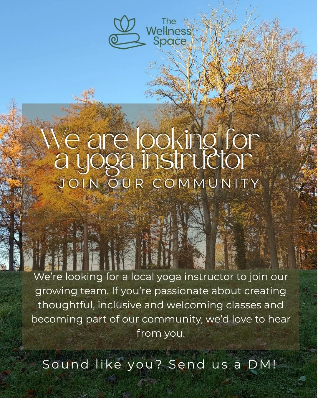 We&rsquo;re growing our team 🌿
We&rsquo;re looking for a local Yoga Instructor to join us at The Wellness Space in the beautiful surroundings of Dalkeith Country Park.
We&rsquo;d love to hear from someone who is passionate about creating thoughtful,