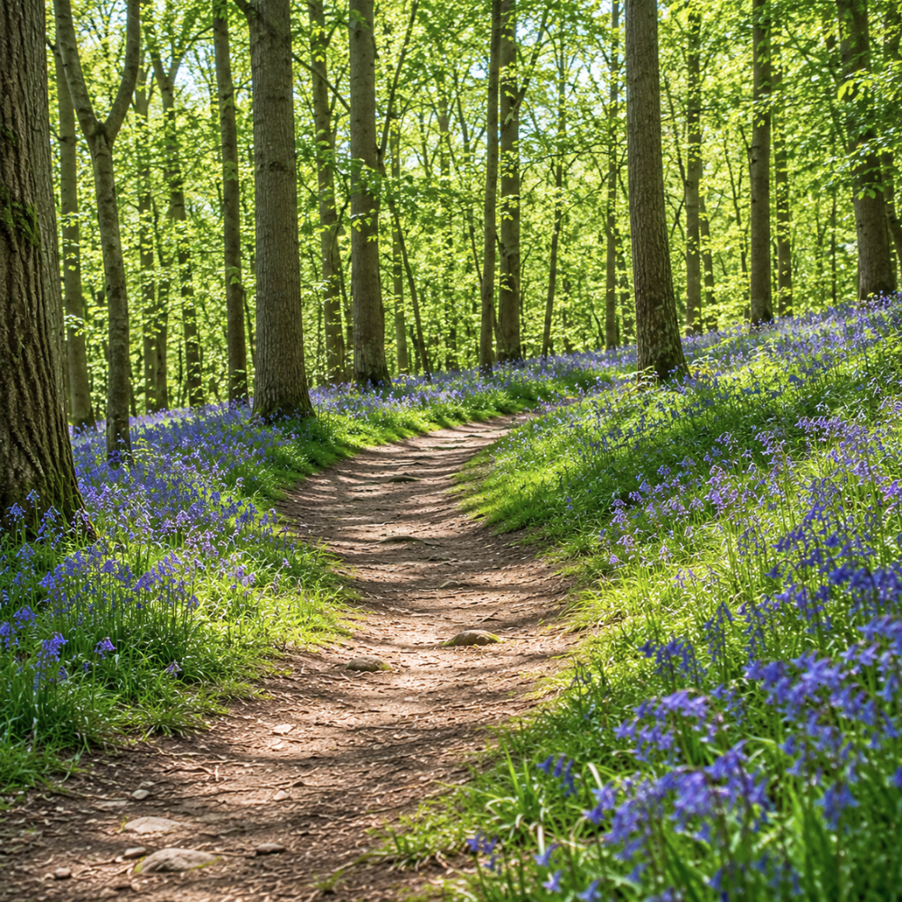 A trail at Dalkeith Country Park, winding through a forest with tall trees and a lush green canopy, lined with blue and purple wildflowers.