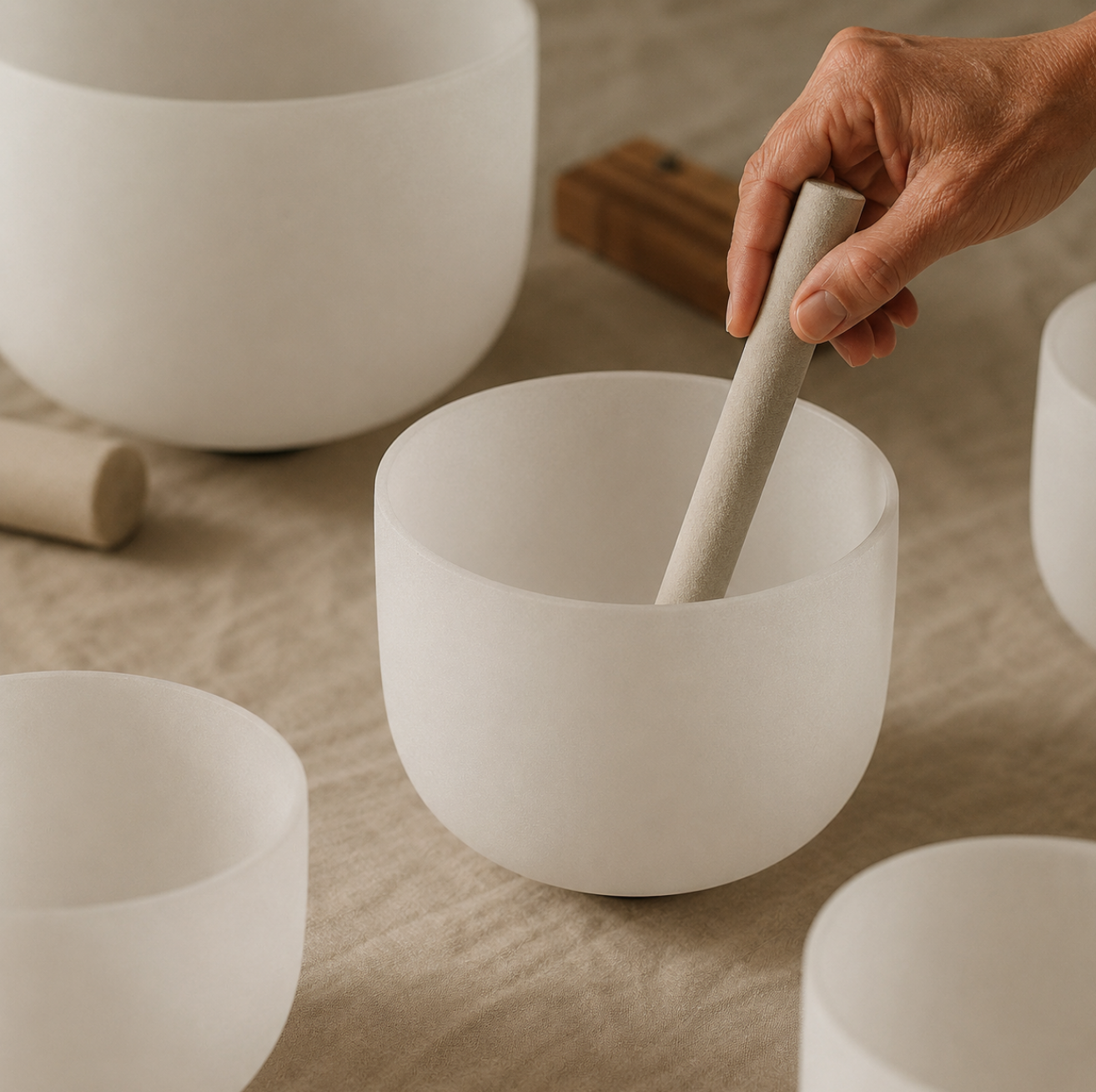 An instructor playing a singing bowl with a wooden mallet, surrounded by other similar bowls.
