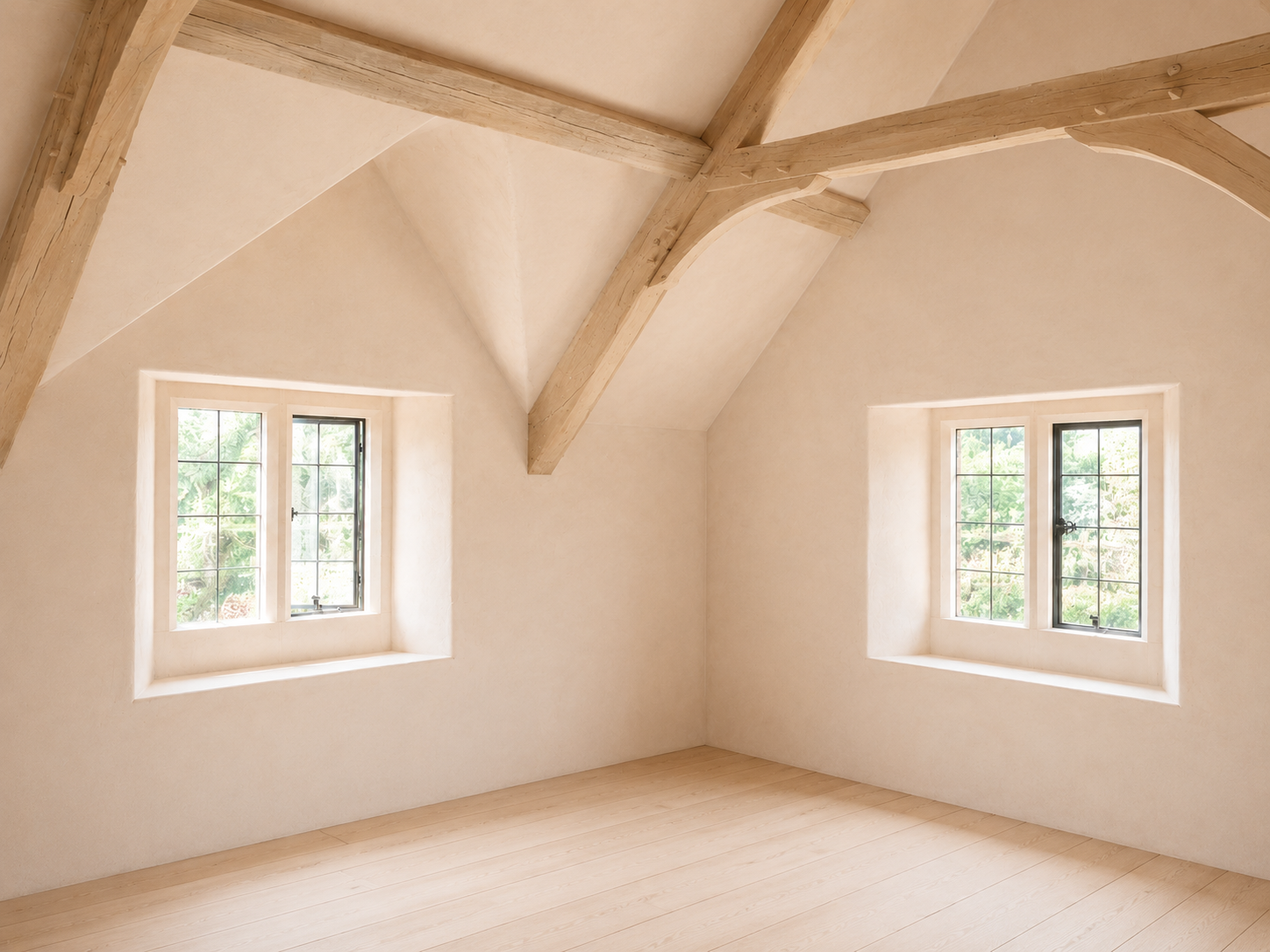 Empty room with two windows, angled ceiling, beige walls, light wood floors, exposed wooden beams.