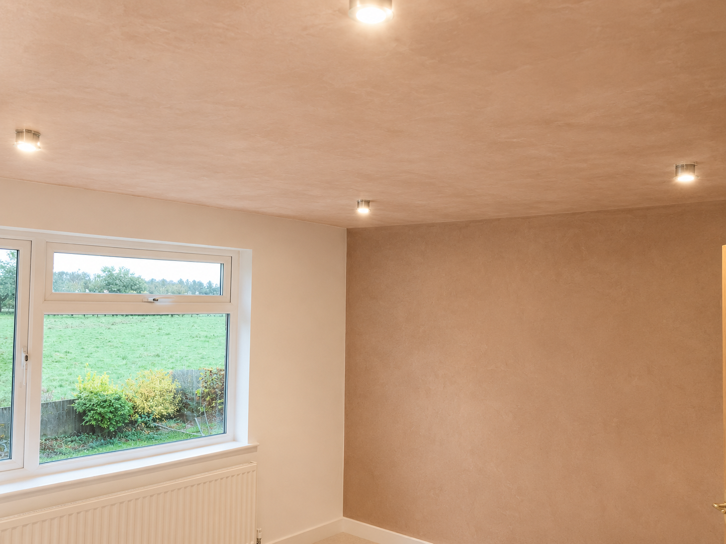 Empty room with beige walls, white window frame, and a view of green fields outdoors.