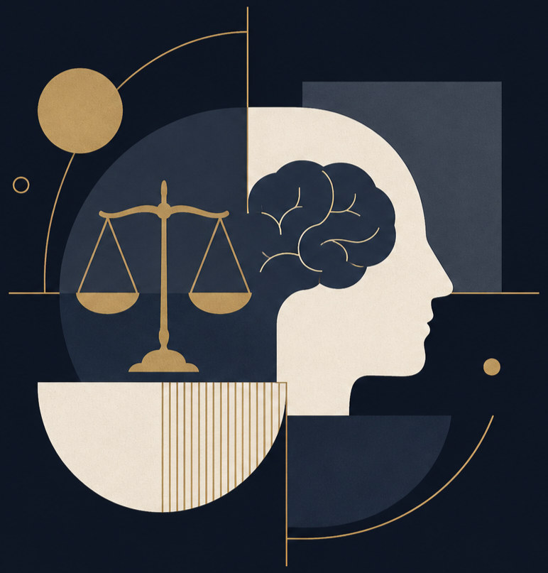 An abstract illustration featuring a silhouette of a person's head with a brain, a balance scale, and geometric shapes in black, gold, and beige colors.