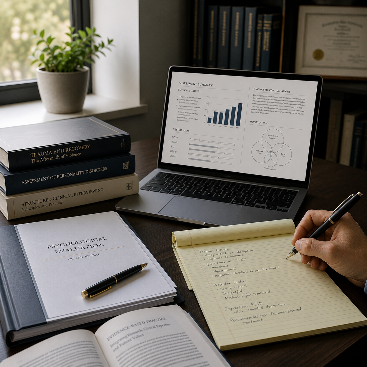 A workspace with a laptop displaying a psychological assessment report, several books on clinical topics, a folder labeled 'Psychological Evaluation', a yellow notepad with handwritten notes on trauma and PTSD, an open book on evidence-based practice, and a pen. A potted plant is on the windowsill in the background.