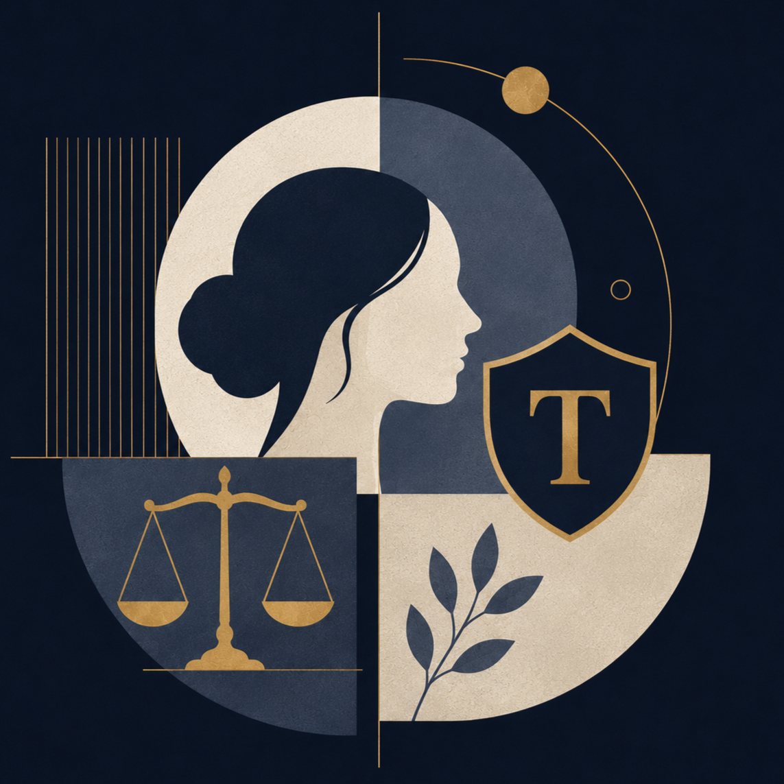 Graphic illustration of a woman in profile with legal and ethical symbols, including scales of justice, a shield with the letter T, and a branch, set against a dark background.