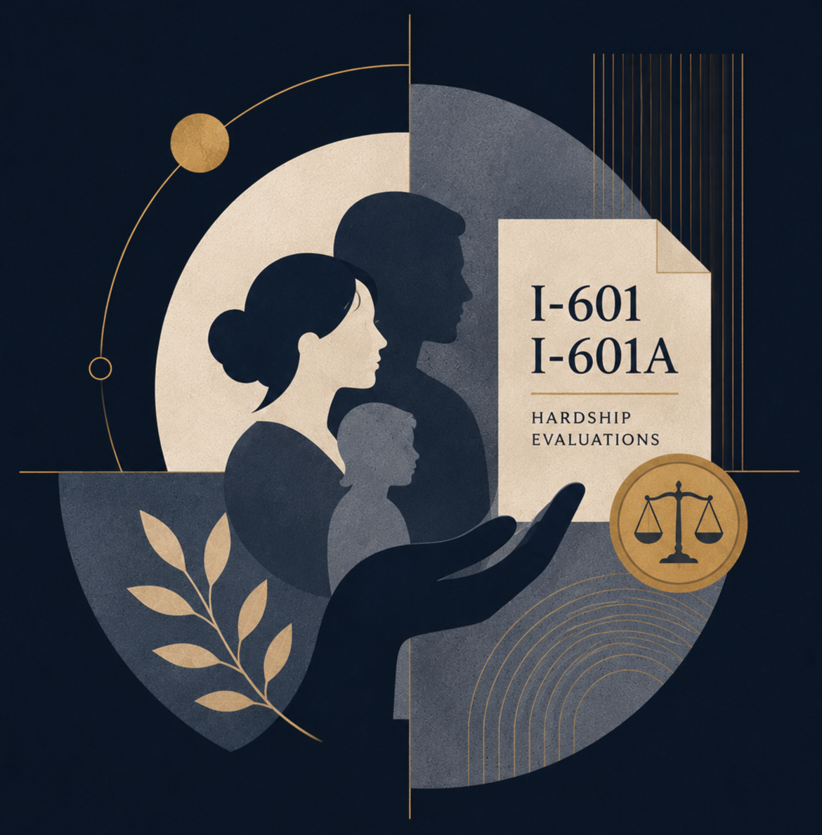 Silhouettes of a family with a woman, man, child, and baby, overlaid with a document titled 'I-601, I-601A Hardship Evaluations,' with a hand holding a phone and a scale icon, and decorative elements in gold and neutral tones.