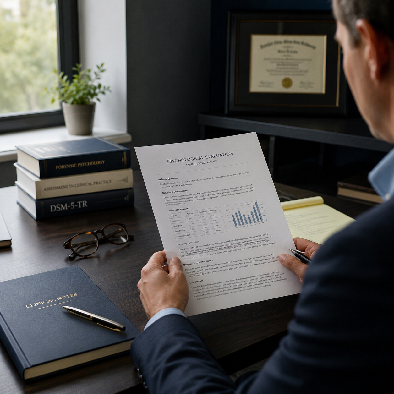 A man in a suit sitting at a desk reviewing a psychological evaluation report with a chart and text, with a framed diploma on the wall and a stack of psychology books nearby, including 'Forensic Psychology', 'Assessment in Clinical Practice', and 'DSM-5-TR'.