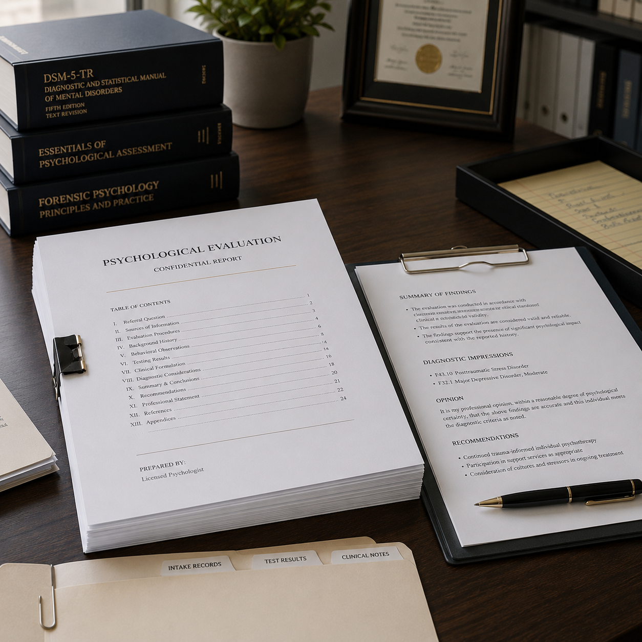 Desk with psychological evaluation reports, a pen, books on mental health topics, a plant, and a framed certificate.