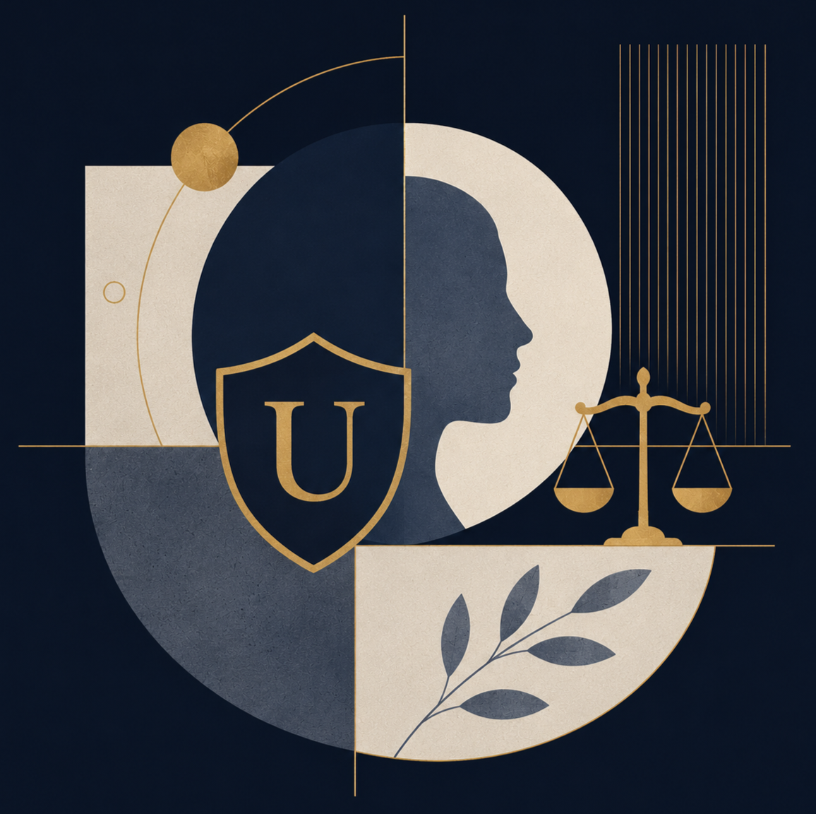 Illustration depicting themes of law, security, and ethics with a female profile, a shield with a 'U' emblem, a balance scale, and decorative abstract elements in gold, black, and beige tones.