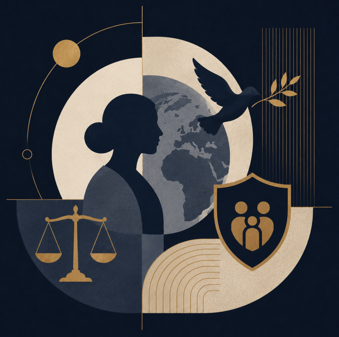 Illustration of a woman's silhouette, a globe, a dove carrying an olive branch, a shield with a family icon, and scales of justice, symbolizing peace, justice, and protection.