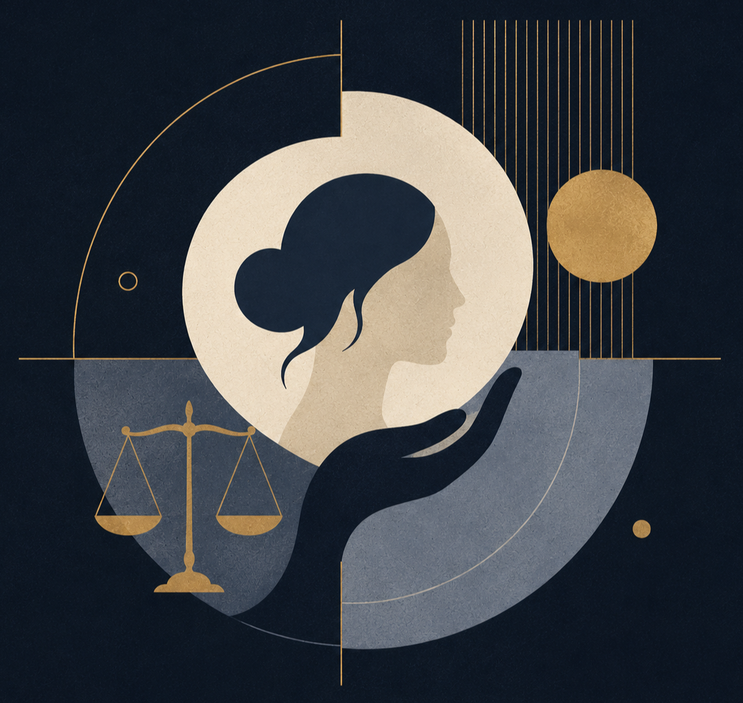 Abstract illustration of a woman's side profile with a bun hairstyle, gently resting her chin on a hand. Surrounding elements include a scale symbolizing justice, a golden sphere, and geometric lines and shapes on a dark background.