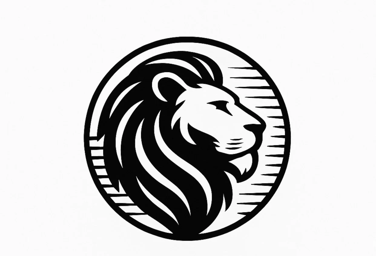 Black and white logo of a lion's head inside a circle.