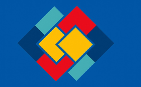 Abstract geometric pattern with overlapping diamonds and rectangles in red, yellow, blue, and light blue on a dark blue background.