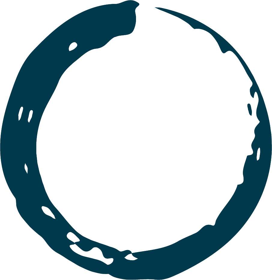 A black circle with a blue, rough-edged ring around it, resembling a Zen garden or abstract art design.