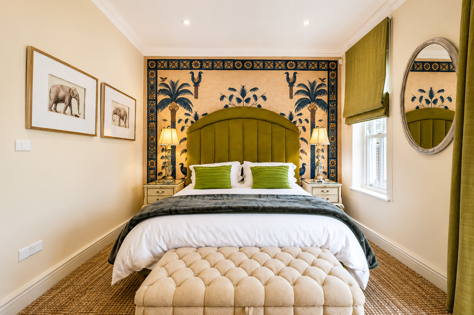 A bedroom with a large bed that has a green velvet upholstered headboard, two green pillows, and a dark gray blanket. There is an ornate wallpaper behind the bed with a nautical theme featuring palm trees, roosters, and birds. On either side of the bed are white nightstands with lamps. To the right, there is a window with a green Roman shade and a round mirror on the wall. To the left, two framed elephant images hang on the beige wall. A beige tufted ottoman sits at the foot of the bed, and the floor is carpeted in a woven pattern.