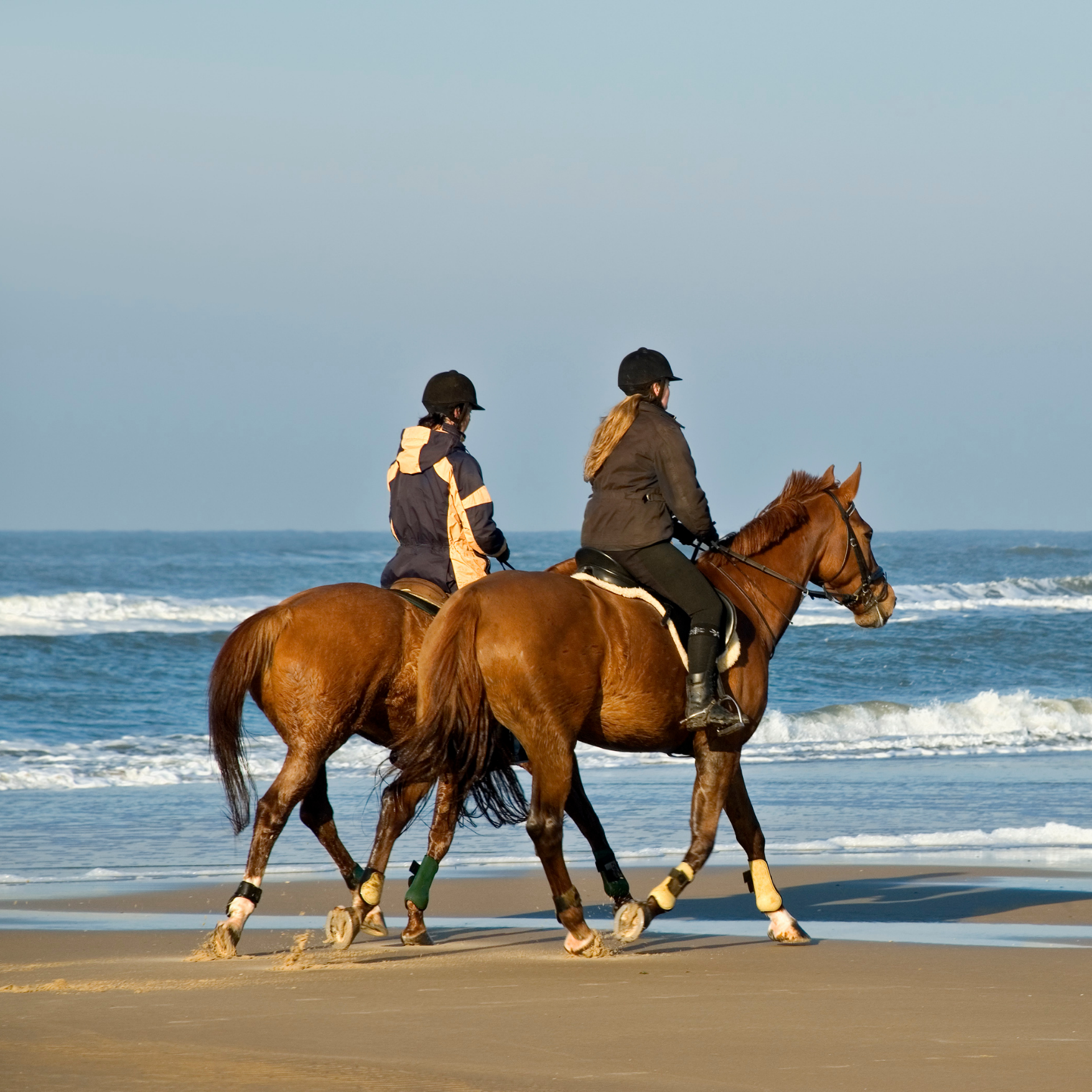 Two people riding horses along the beach with ocean waves in the background during daytime.