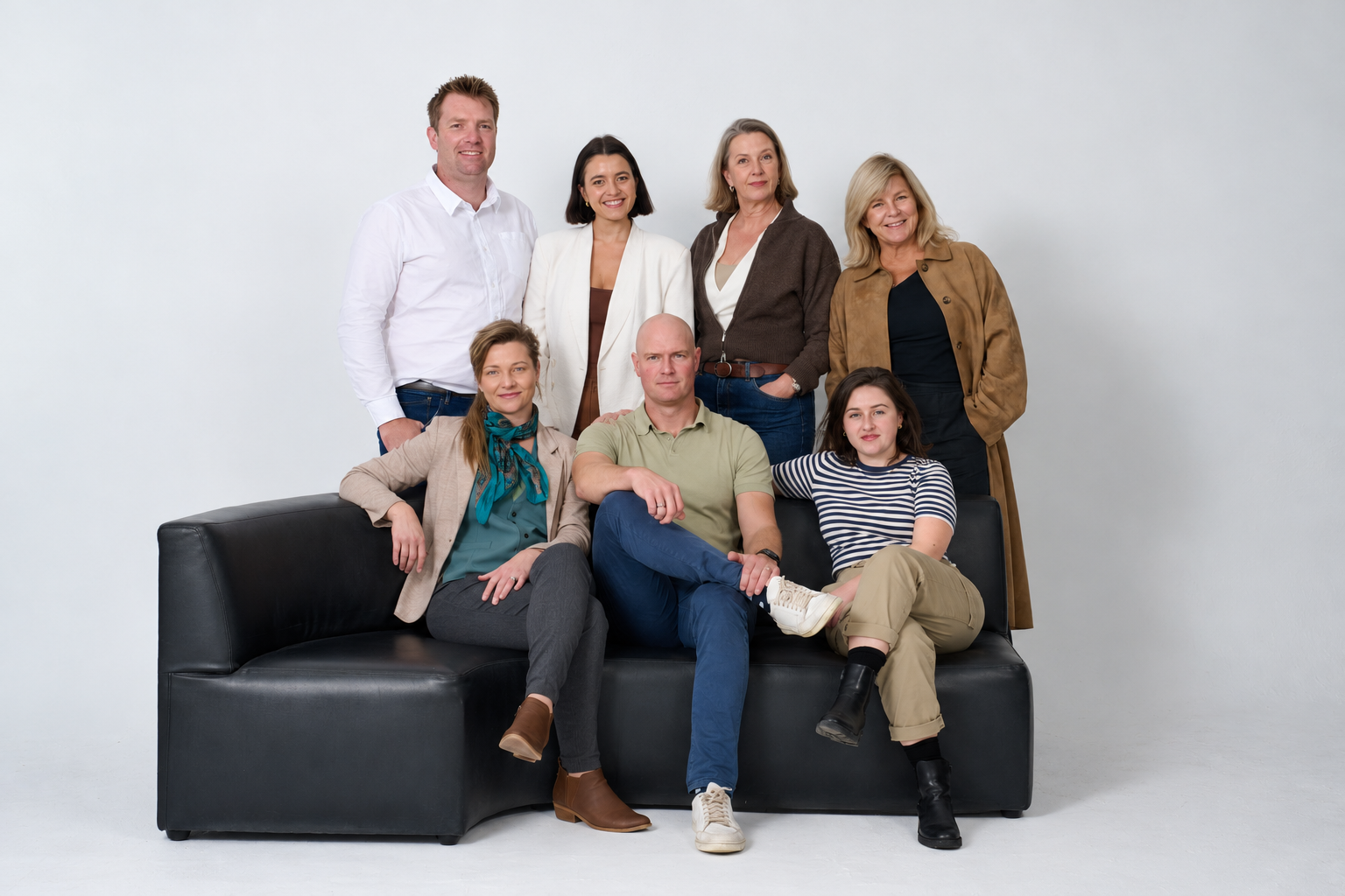 A diverse group of nine people, including men and women of various ages, posing together against a plain white background. Some are standing while others are seated on a black leather couch, smiling for the camera.