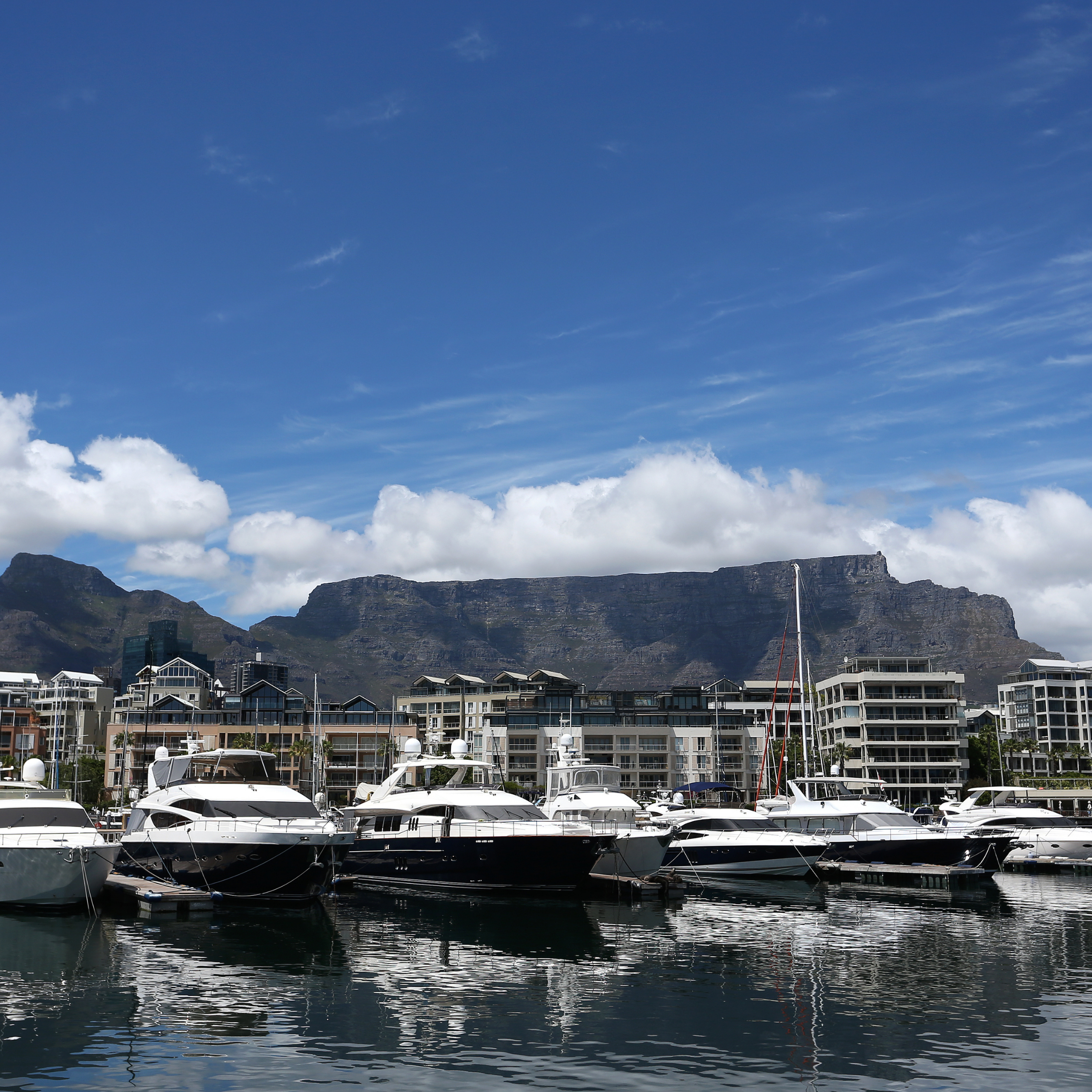 Boats docked at the V&A Waterfront marina with Table Mountain behind, Moya's private boat charters, Cape Town."