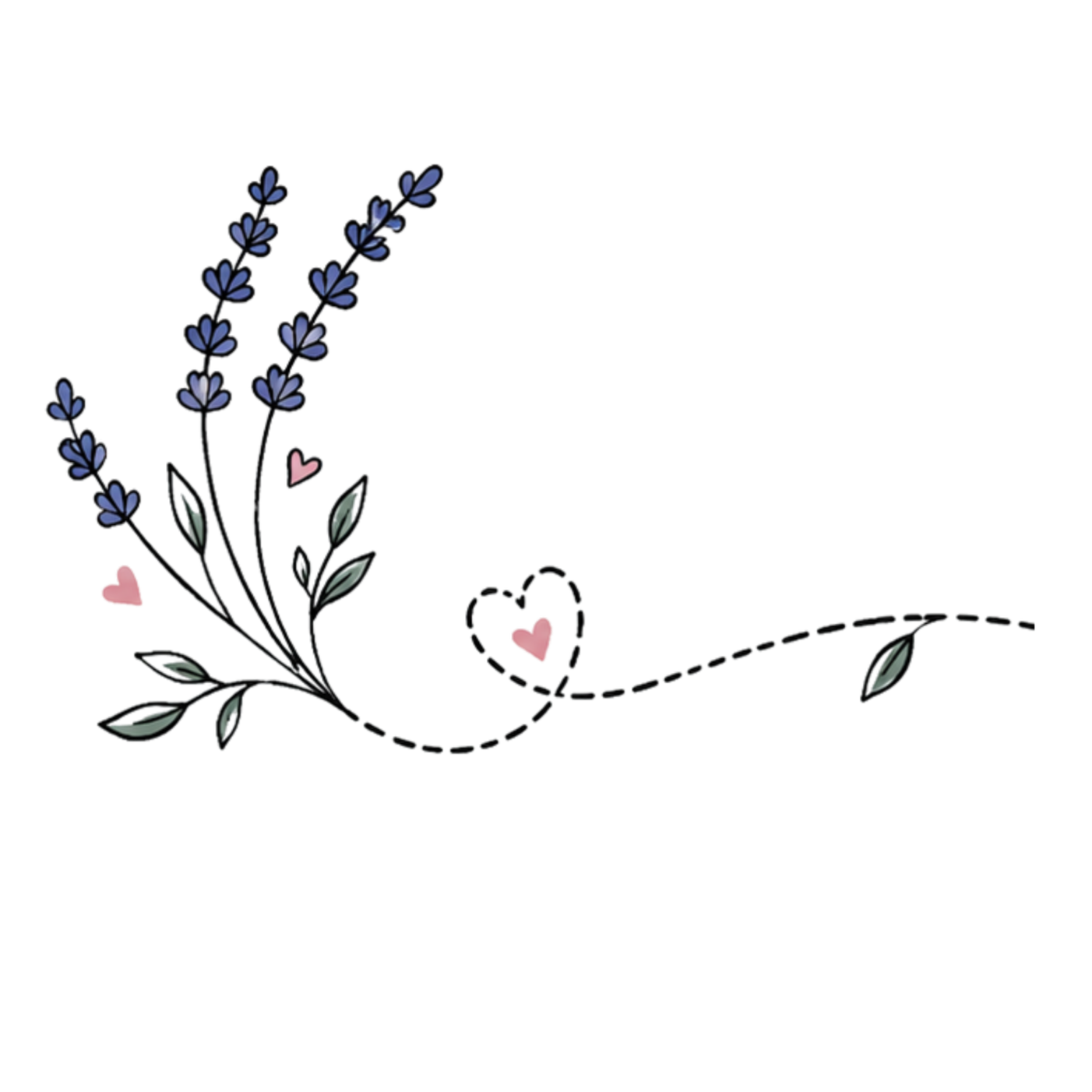 Illustration of purple lavender intertwined with pink hearts, green leaves and a dotted line forming a heart.