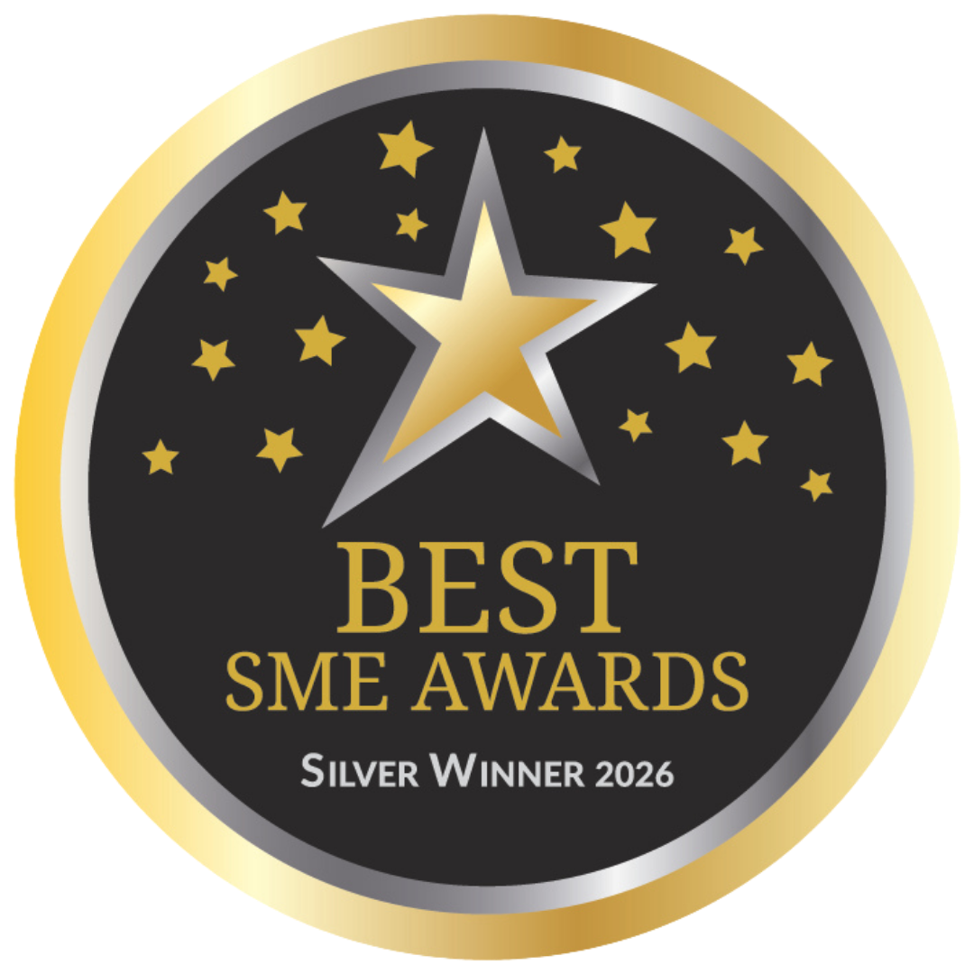 Black circle with gold stars and gold text that says Best SME Awards Silver Winner 2026