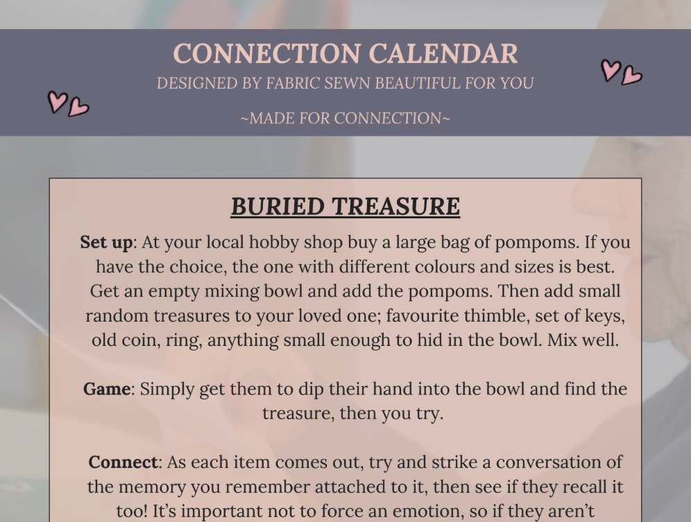 Screen shot of 'buried treasure' instructions in Fabric Sewn Beautiful brand colours