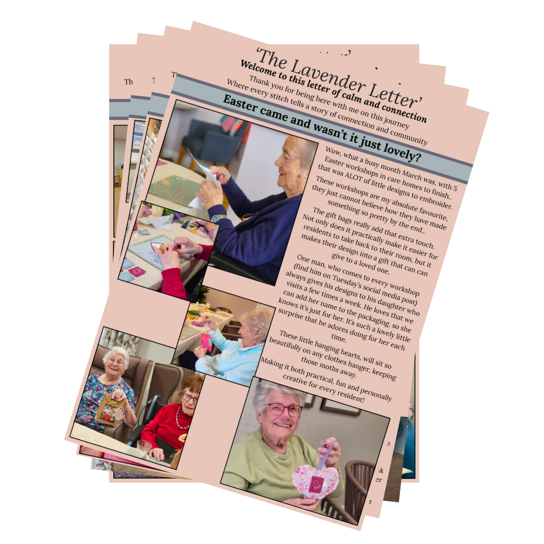 A newsletter titled 'The Lavender Letter' with articles and photographs of elderly women engaging in craft activities, smiling, and socializing at a community gathering, focusing on their embroidery and handmade crafts.
