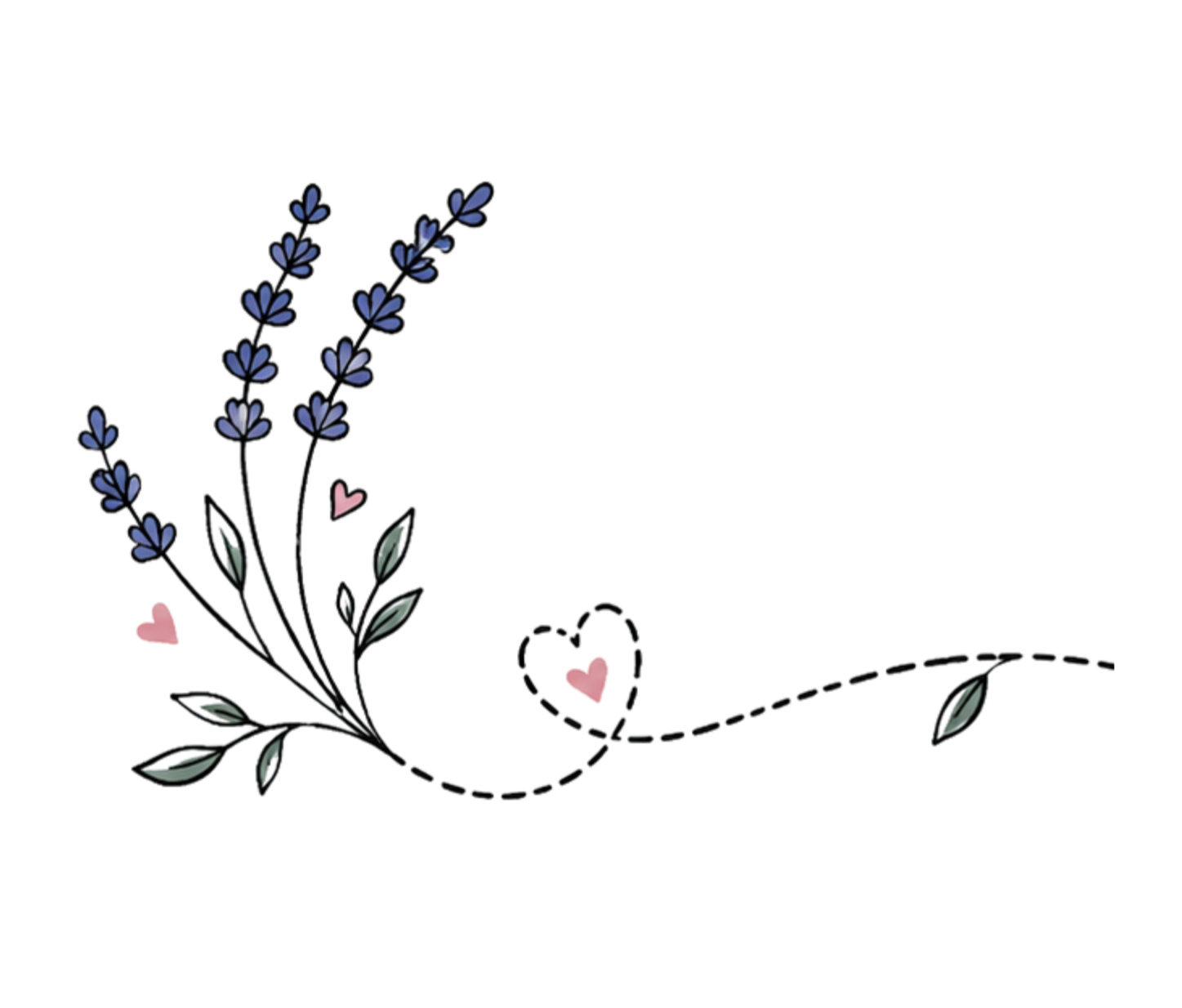 A botanical illustration featuring a lavender bouquet with purple flowers, green leaves, and small pink hearts intertwined throughout.