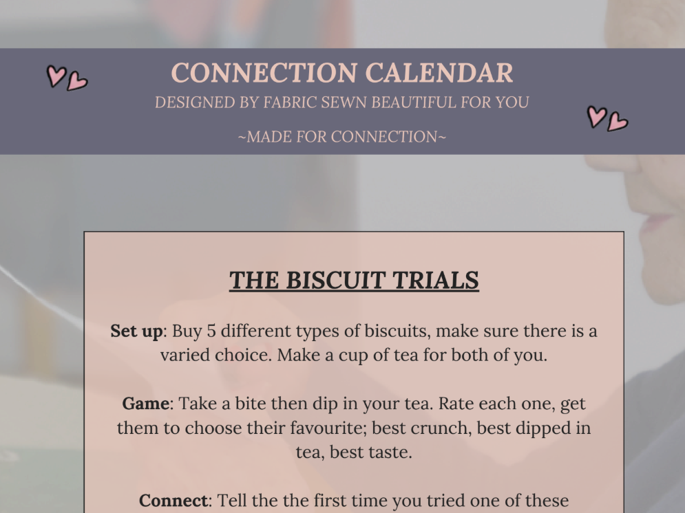 Screen shot of 'the biscuit trials' instructions in Fabric Sewn Beautiful brand colours of pink and grey