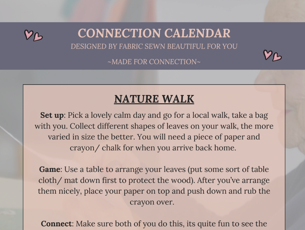 Screen shot of 'nature walk' instructions in Fabric Sewn Beautiful brand colours of pink and grey