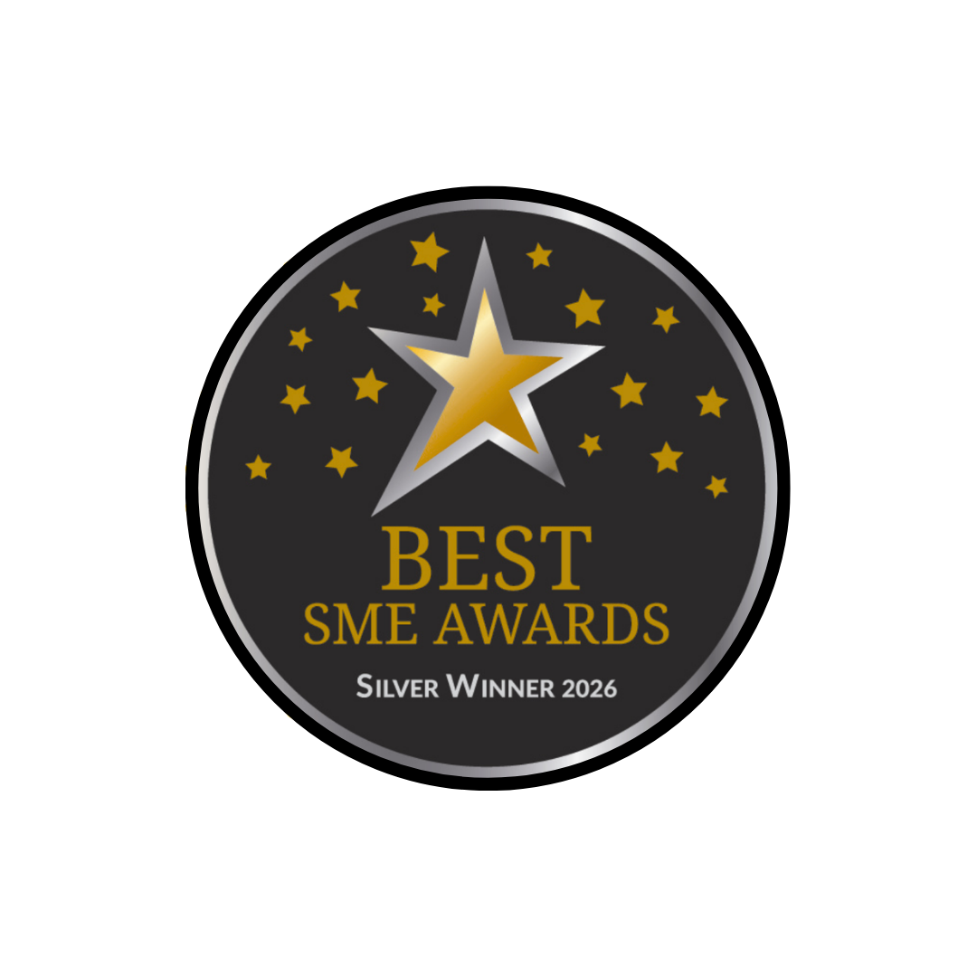 Black circle with gold stars, white text says Best SME Awards Silver Winner 2026