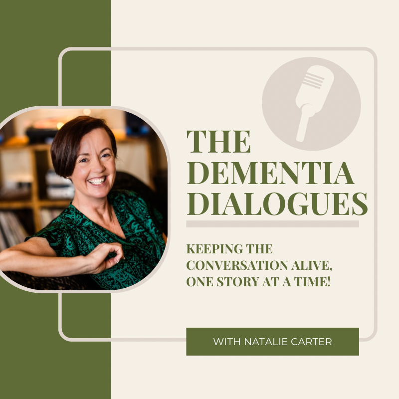 Promotional graphic for 'The Dementia Dialogues' featuring a smiling woman with short brown hair in a green patterned top, set against a green and beige background with a microphone icon.