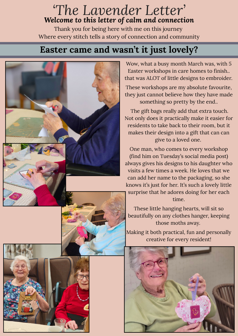 Pink A4 page with text and images showing preview of April 2026 newsletter by Fabric Sewn Beautiful