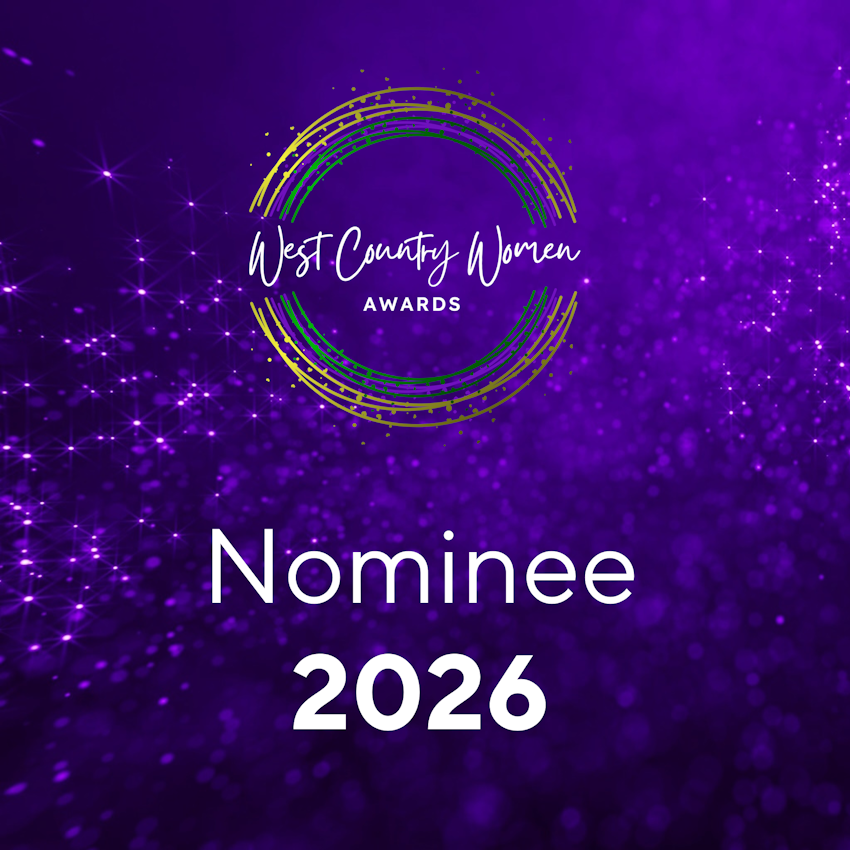 Purple square with West Country Women Awards logo at top and white text that says Nominee 2026