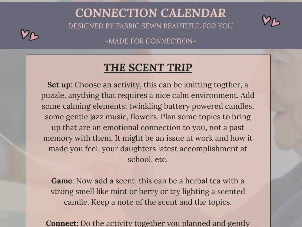 A colorful connection calendar with a purple header featuring pink hearts, encouraging connection through activities like creating scented candles and sharing calming experiences, designed by Fabric Sewn Beautiful.