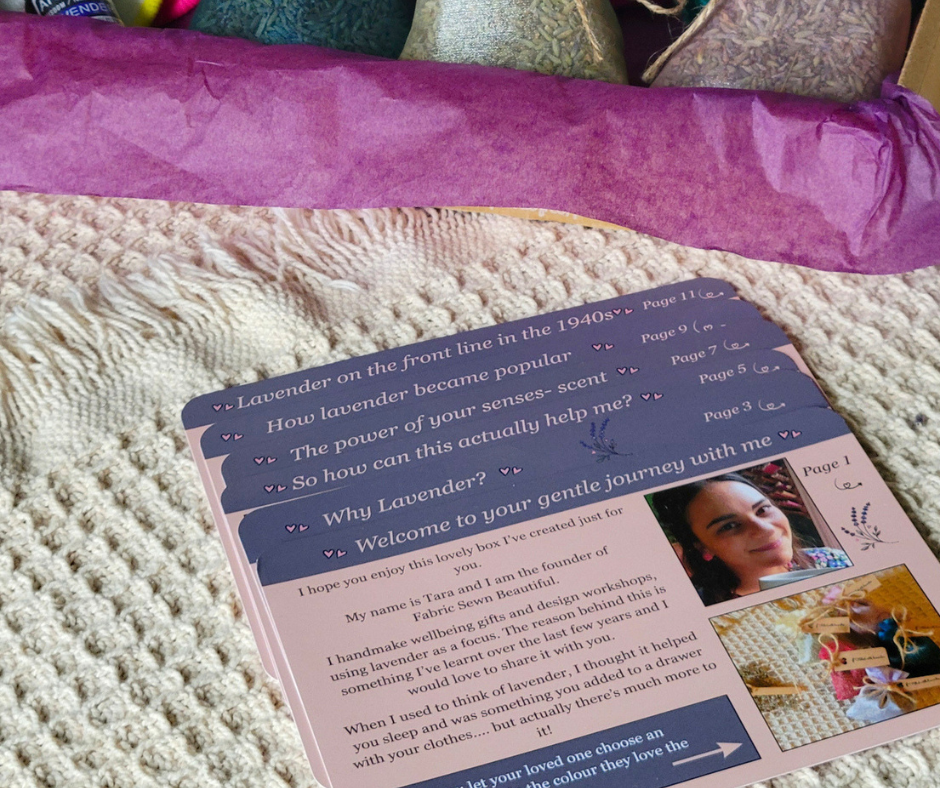 Pink and grey cards explaining how to use the lavender activity box