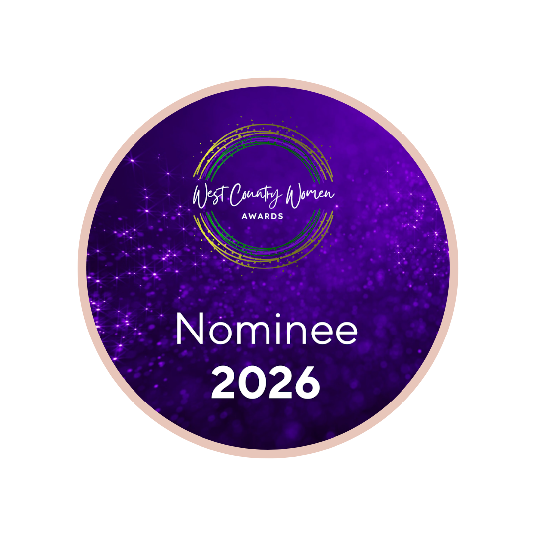 Purple circular badge for West Country Women Awards with the text "Nominee 2026" and a starry background.