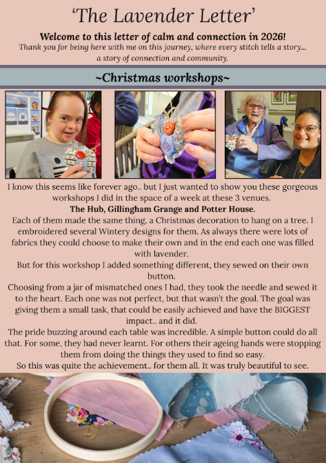 Pink A4 page with text and images showing preview of January 2026 newsletter by Fabric Sewn Beautiful