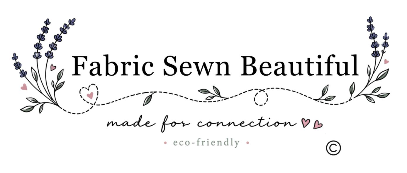 Fabric Sewn Beautiful in black font with delicate lavender illustration. Underneath is the words made for connect eco-friendly with two small pink hearts and a copyright symbol