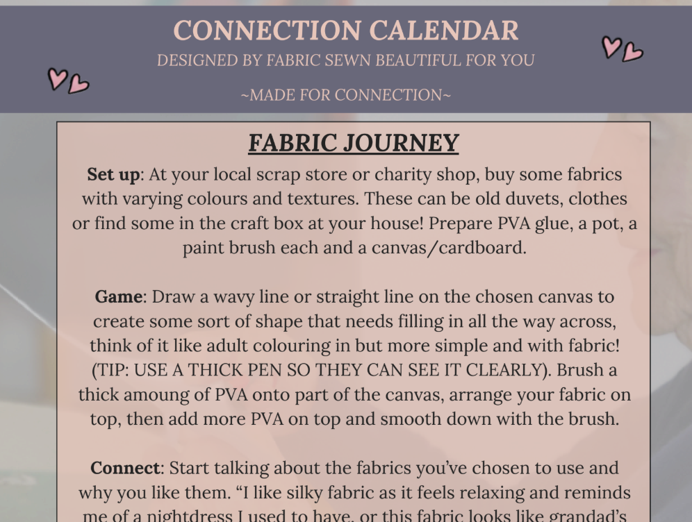 A colorful printable calendar titled "Connection Calendar" with a fabric craft theme. It features sections on fabric journey, game, and connect, with decorative hearts in top corners.
