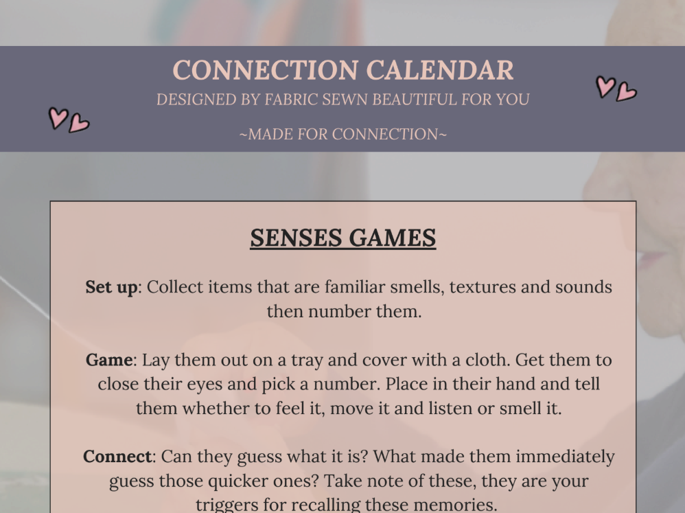 Screen shot of 'senses game' instructions in Fabric Sewn Beautiful brand colours of pink and grey